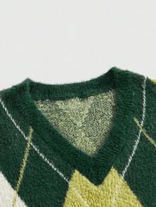 ROMWE MEN Prep Áo vest dệt kim kim cương thường ngày cho nam, mùa thu - màu xanh lá - Xem 3