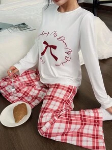 SHEIN 2 件蝴蝶结和格子印花针织长袖上衣和裤子睡衣套装，秋季服装 - 彩色 - 查看 4
