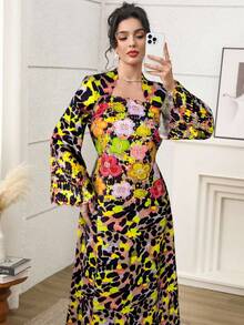 Al Najma 女式花卉豹纹喇叭袖优雅阿拉伯风格连衣裙 - 彩色 - 查看 3