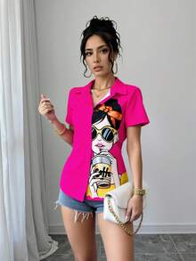 Elenzga Chemise boutonnée à manches courtes avec imprimé mode fille femme, hauts à manches courtes