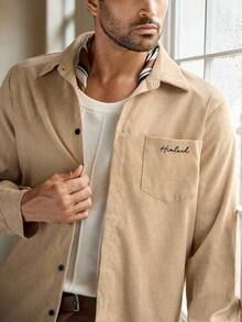 Manfinity VCAY Men's Casual Embroidered Long Sleeve Shirt, Suitable For Everyday Wear, Fall - Khaki - View 5