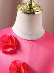 Glamorique Kids 幼儿花童礼服，缎面紫红色连衣裙，带网眼花卉串珠无袖公主礼服 - 玫紅色 - 查看 5