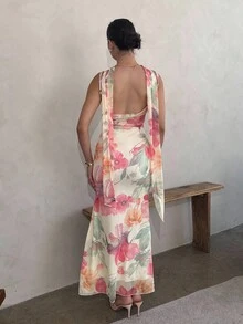 Andrea Bello 全新浪漫花卉网眼印花性感露背垂坠领连衣裙，配有超长肩带 - 粉色 - 查看 2