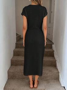 Easowa 1. Elegant midjeklänning med hög slits och ärmlös utsmyckning, avslappnad aprikosfärgad texturerad bodycon-klänning, födelsedagsoutfit för kvinnor, fitnessset för kvinnor, bröllopsklänning för kvinnor, kontorskläder för kvinnor, vit examensklänning - Svart - Visa 4