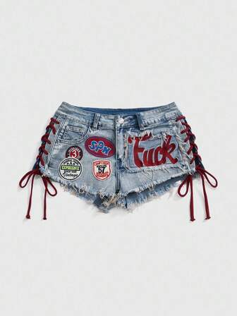 ROMWE Avant Shorts vaqueros mini sexy de cintura baja con cordón, estilo deportivo retro Y2K, con logotipo gráfico bordado