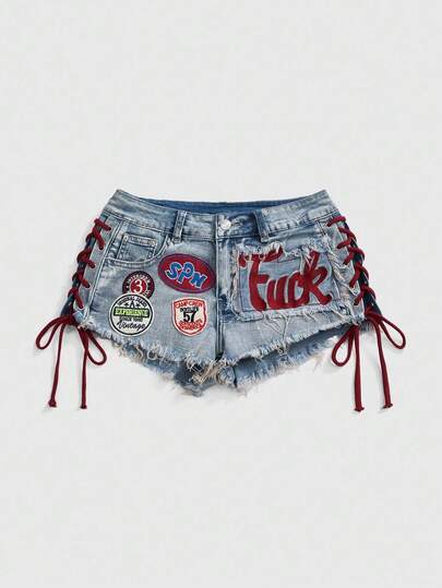 ROMWE Avant Spring/Summer Women's Y2K Retro Jersey Sports Ballet Style Graphic Logo Embroidered Drawstring Low Waist Sexy Mini Denim Shorts