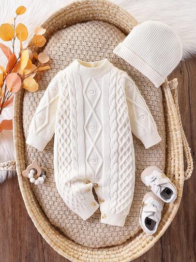 SHEIN 男婴/女婴针织毛衣，圆领长袖连体裤，适合秋冬季，米色，适合日常、休闲、居家、户外、旅行