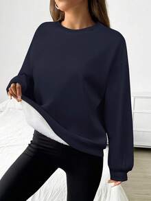 SHEIN EZwear 秋冬海军蓝针织毛绒基本款圆领运动衫 - 藏蓝色 - 查看 4