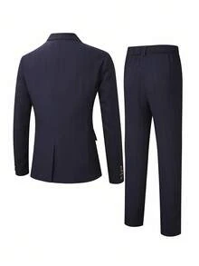 Manfinity Bizformal 2件套男士西装套装，纯色长袖上衣和裤子，男士海军蓝西装，男士两件套西装，男士夏季西装，男士休闲西装，男士旅游西装 - 藏蓝色 - 查看 2