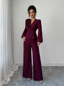 Elenzga Women's Elegant Burgundy Crossover Tie-Waist Floral Patchwork French Chic A-Line Long Sleeve Blouse And Flared Pants 2 Pieces Set, Spring/Autumn - Burgundy - View 6