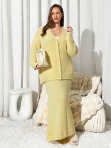 Auralis Plus Size Women Solid Color Long Sleeve Single-Breasted Knitted Cardigan And Knitted A-Line Skirt Casual Suit, Yellow Plus Size Spring - Yellow - View 8