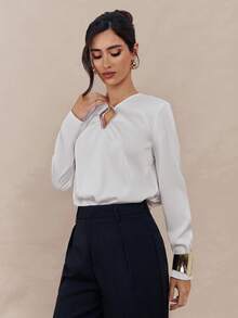 Modelyn Women's Solid Color V-Neck Metal Ring Decor Long Sleeve Raglan Fashion Blouse - White - View 4