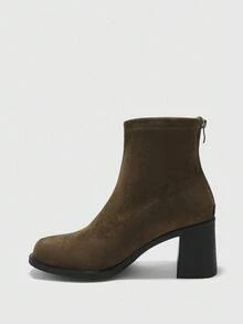 CUCCOO BIZCHIC 女士时尚弹力踝靴，方头粗跟设计，仿麂皮女式弹力踝靴，后拉链简约设计，百搭，可搭配裙子、牛仔裤、外套，适合秋冬装、时装秀、通勤，时尚女士踝靴 - 橄欖綠 - 查看 9