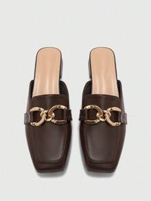 CUCCOO BIZCHIC Sepatu hak tinggi wanita minimalis modis dengan ujung persegi dan hiasan rantai logam, cocok untuk liburan, perjalanan, dan gaya retro untuk Natal dan Musim Semi. - Coffee Brown - View 9