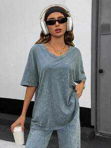 EURMUSE Washed Effect Blouse, Oversized Fit, V-Neck Design, Half Sleeves, Charcoal Grey Color, Vintage Look, Loose Cut, Cotton Blend, Distressed Finish, Casual Style, Relaxed Silhouette, Weekend Wear, Everyday Fashion, Drop Shoulder, Soft Texture, Street Style, Modern Basic, Comfortable Design - Grey - View 1