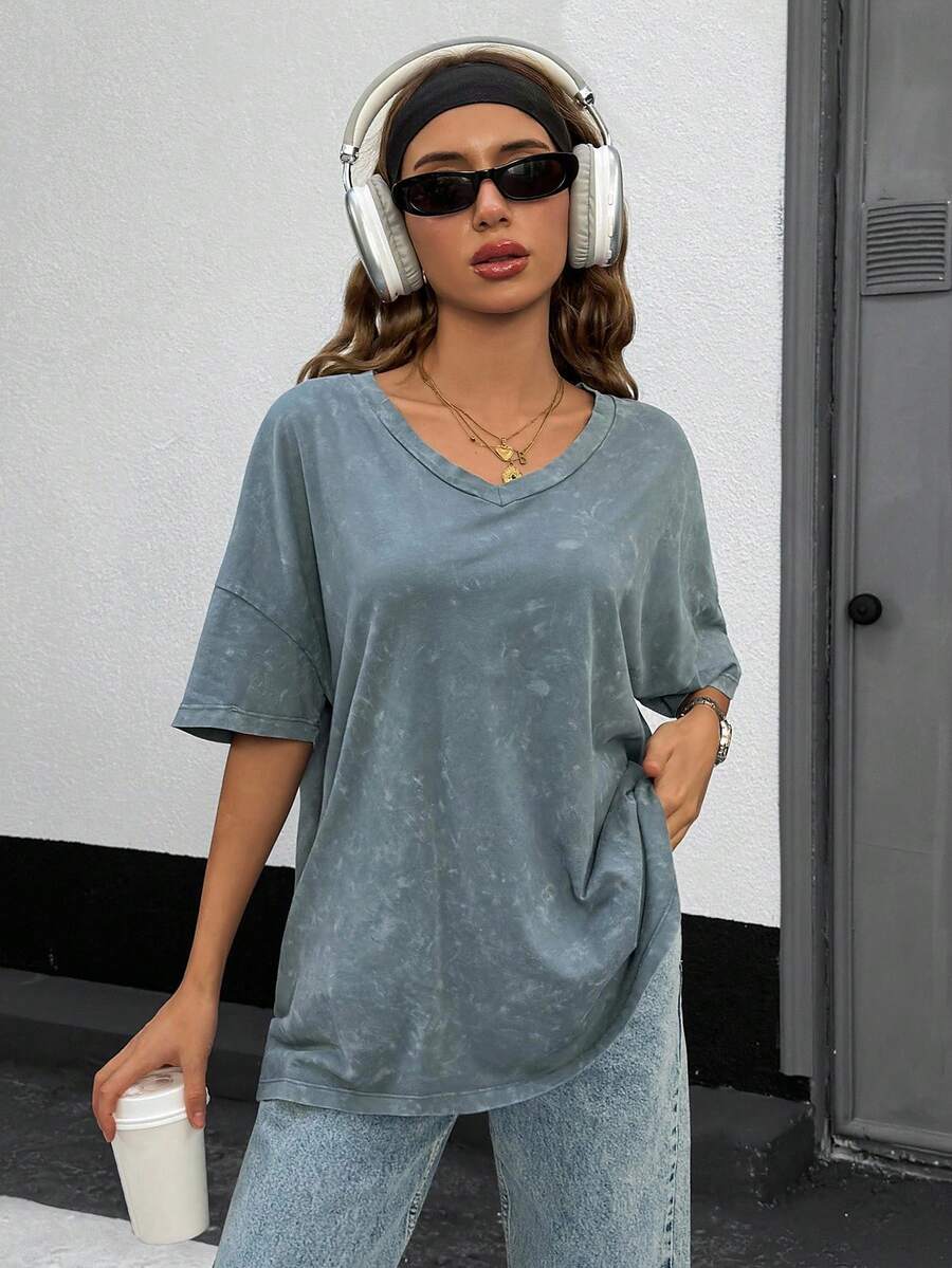 EURMUSE Washed Effect Blouse, Oversized Fit, V-Neck Design, Half Sleeves, Charcoal Grey Color, Vintage Look, Loose Cut, Cotton Blend, Distressed Finish, Casual Style, Relaxed Silhouette, Weekend Wear, Everyday Fashion, Drop Shoulder, Soft Texture, Street Style, Modern Basic, Comfortable Design - Grey - View 1
