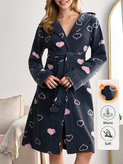 EURMUSE Heart Print Dual Pocket Hooded Belted Robe Lingerie Robe For Women Night Gown Women Cotton Women Pajama Dress Sleep Wear Women Dress Pajamas Gown For Woman
