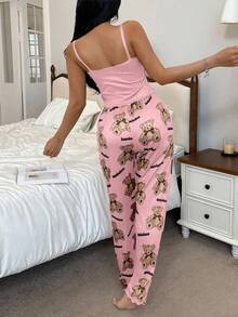 SHEIN 2pcs Cute Bear Print Camisole & Pants Pajama Set - Multicolor - View 2