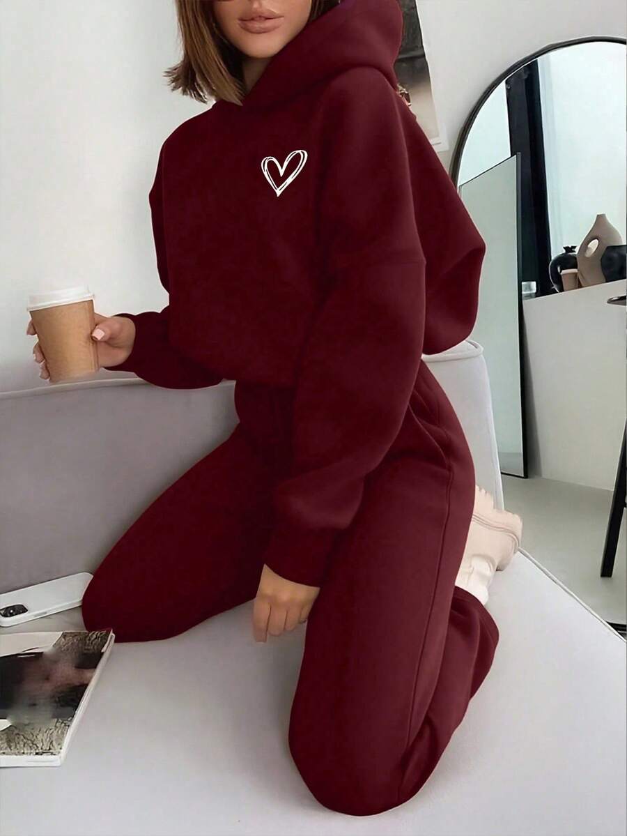 INAWLY 女式勃艮第红心形印花长袖短款连帽衫和松紧腰带口袋慢跑裤两件套 - 紅色 - 查看 1