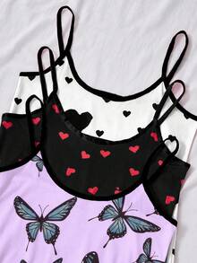 SHEIN 3pcs Women Heart & Bow Print Knit Camisole Nightgown Set