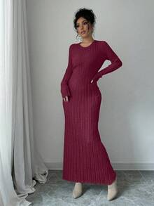 Selianne 休闲纯色长袖修身女式毛衣裙 - 酒紅色 - 查看 5