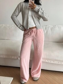 SHEIN EZwear 2025秋冬新款女式纯色抽绳腰阔腿宽松休闲舒适柔软保暖时尚长裤，适合秋季外出、圣诞节等场合穿着。 - 粉色 - 查看 3