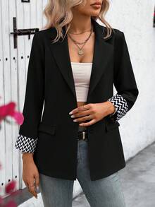 EMERY ROSE Damen Herbst Geometrisches Muster Patchwork Ärmel Kragen Lässige Blazer Jacke