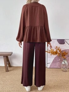 EMERY ROSE 2 piezas Conjunto de top de manga larga con cuello en V profundo y volantes y pantalones rectos de tela texturizada marrón, adecuado para viajes, ir al trabajo, estilo occidental, otoño/invierno de mujeres - Marrón - Ver 2