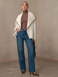 Modelyn Damen Alltagsjacke mit Kontrast-Doppelreiher-Kragen und Kontrast-Silhouette im europäischen Street-Style, Regular Fit