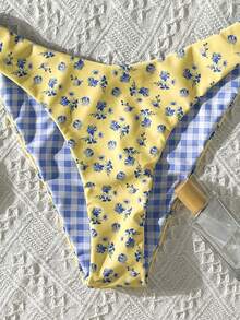 Swim Mod 新款女式夏季两件套随机花卉格子印花三角吊带比基尼上衣和下装套装，海滩度假泳装