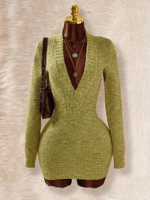 Amplova 秋冬休闲长袖深V领修身女式毛衣裙 - 彩色 - 查看 4