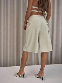 MUSERA 褶裥直筒修身长款短裤，优雅性感街头风，适合夜间派对、情人节、春季休闲夏季穿着。 - 卡其色 - 查看 3