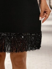 EMERY ROSE Damen Einfarbiges Rundhals Langarm Kleid mit Fransen Saum, lässige Mode Mini Kleid