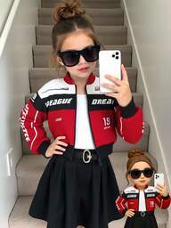 SHEIN Young Girl Colorblock Letter Print Cropped Long Sleeve Loose Stand Collar Zip-Up Bomber Jacket, Suitable For Autumn Fall Winter Varsity Jacket Race Car Girls