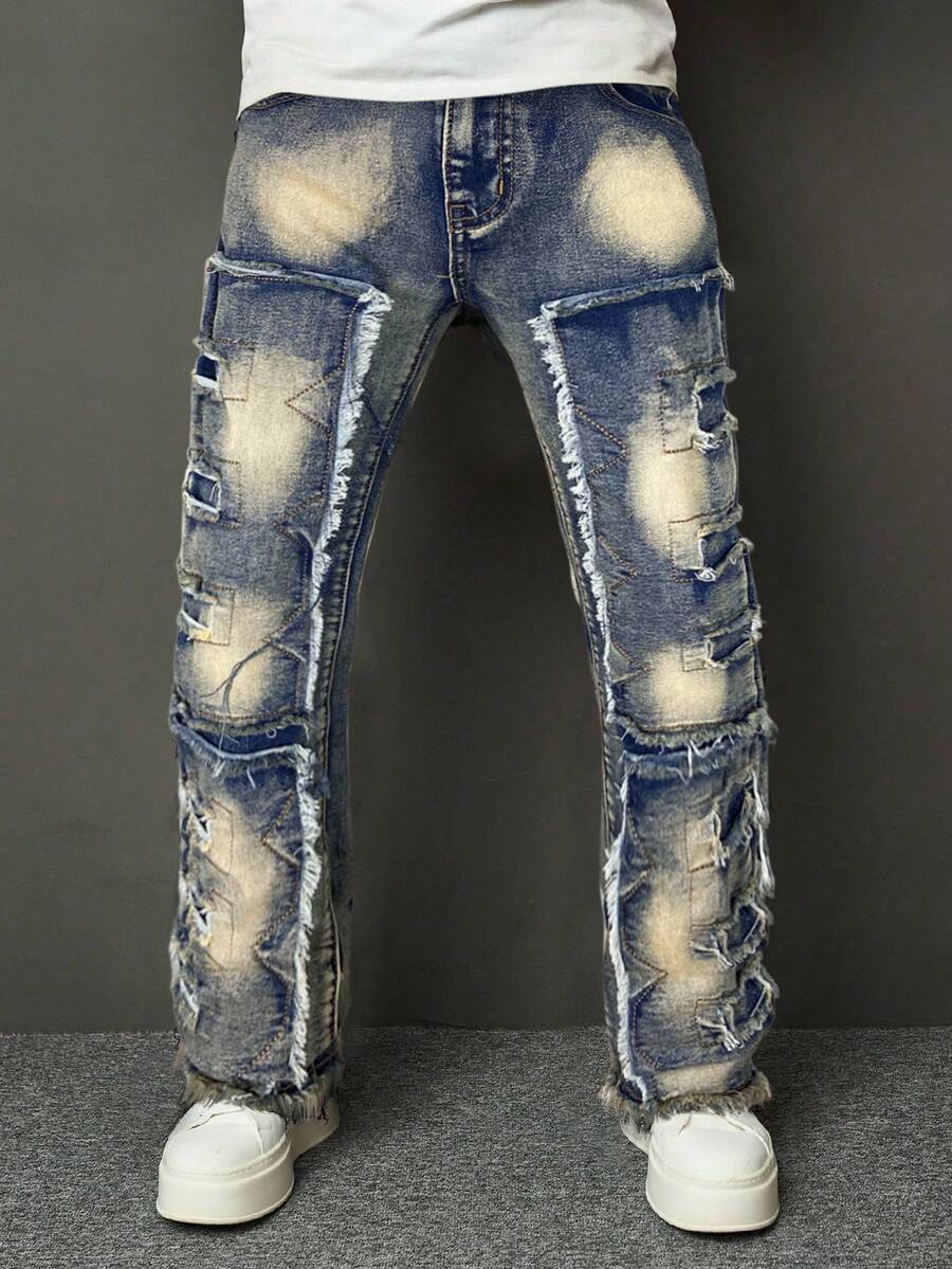 SHEIN Bolty Tween 男童时尚休闲设计感粗犷的方形三角剪裁黑色牛仔裤,弹性面料,适合日常穿着和秋季穿着,童装街头风牛仔裤,男童牛仔裤 - 深色水洗藍 - 查看 1