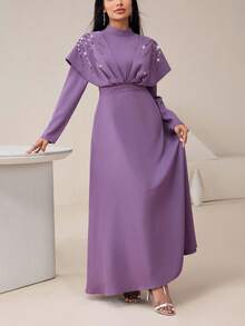 Veilorie Women's Stand Collar Sequin Design Long Sleeve Pleated Elegant Arabic Dress - Purple - View 6
