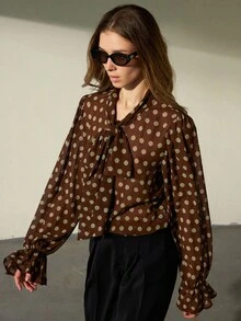 Aveloria Modichic Elegante Schleifendekor Loose Fit Langarm Bluse - Kaffeebraun - Übersicht 7