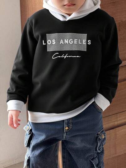 Young Boys' Casual Comfortable Versatile Contrast Color Hooded Thermal Lined Thick Sweatshirt, Suitable For Autumn And Winter Fall