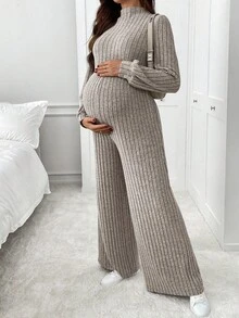 SHEIN 纯色休闲长袖口袋孕妇连体裤 - 杏色 - 查看 6