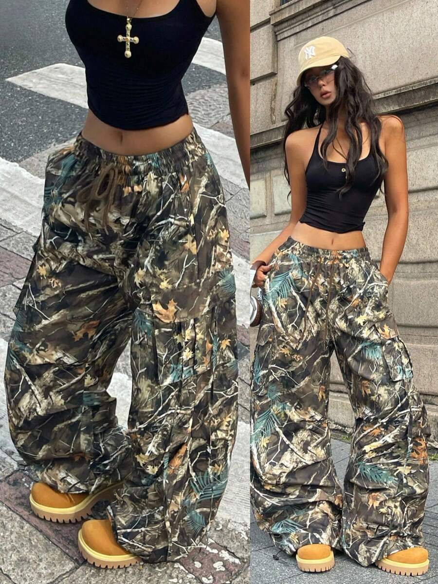 Coolane 女式夏秋街头运动基本款树枝图案翻盖口袋侧抽绳腰部降落伞灰色工装裤 - 彩色 - 查看 1