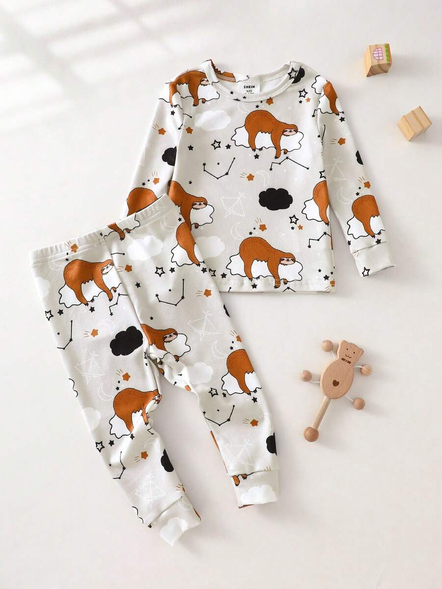 2pcs Infant/Toddler Boys' Khaki Cartoon Sloth Print Long Sleeve Bodysuit & Pants Pajama Set - Khaki - View 1