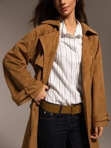 Hanevo Women's Autumn/Winter Street Fashion Casual Faux Suede Lapel Double-Breasted Long Sleeve Belted Long Trench Coat - Brown - View 3