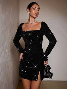 SHEIN BAE Black Sequin Embellished Long Sleeve Square Neck Side Slit Bodycon Mini Dress, Suitable For Parties, Events, Cocktail Parties, Banquets, Festivals, Nights Out, Black Dress,Elegant Dresses For Party