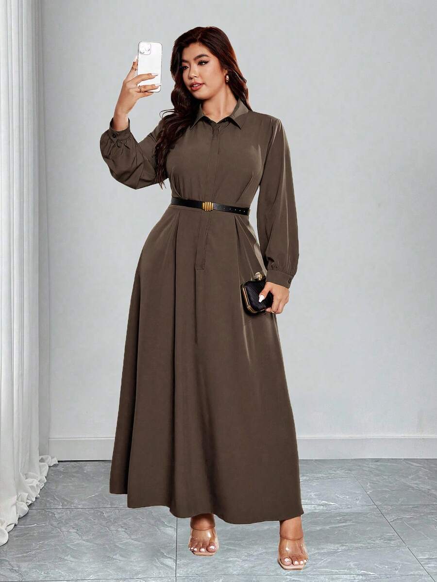 SHEIN Clasi Vestido de manga farol de unicolor elegante talla grande, adecuado para ir al trabajo - Marrón - Ver 1