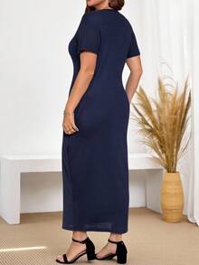 Miaspire 加大码纯色短袖连衣裙，时尚夏季女士夏装，女士春季连衣裙女士加大码连衣裙 - 寶藍色 - 查看 2