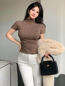 DAZY 女式夏季短袖圆领基本款休闲修身T恤长袖上衣 - 棕色 - 查看 6