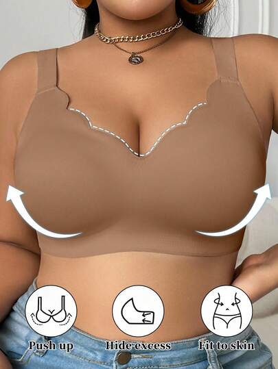 SHEIN Plus Size Women's Seamless Wirefree Bra Push Up Soft Support V-Neck Bra, Wide Shoulder Strap Comfortable Single Piece No Wire Bra Set Plus Size Wireless Bra Plus Size Bra Plus Size Push Up Bra Push Up Bra, Lift