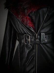 SHEIN ICON Áo khoác dạ dạ hội bằng da mềm mại màu tương phản màu đen Gothic Halloween dành cho nữ, thời trang đi làm, lông giả, chắp vá, mùa đông - màu đen - Xem 14