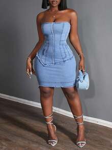 Slaydiva Đầm hở lưng denim cỡ lớn - Màu xanh lam - Xem 5