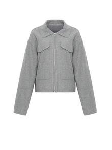 DAZY 女士百搭翻领短袖大衣 秋冬款 - 灰色 - 查看 7